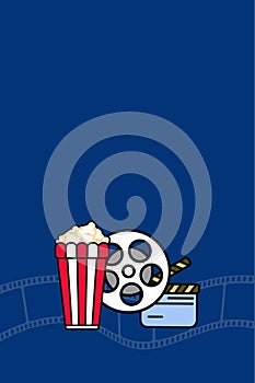 Cinema Background with popcorn box, film roll, clapper in vintage style. Vector concept colorful illustration with elements