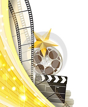 Cinema background with retro filmstrip, clapper and star