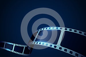 Cinema blue background with film reel. Realistic 3d film strip in perspective. Design template film for poster, brochure, tickets,