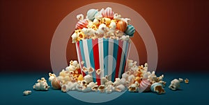 cinema box film popcorn corn food bucket red show blue background. Generative AI.