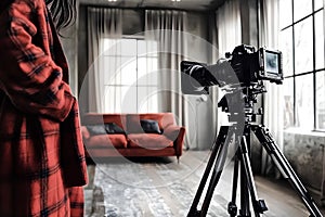 Cinema camera on tripod in front of woman in living room photo