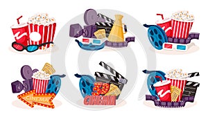 Cinema cartoon icons. Cartoon movie production and film theater symbols collection, camera film bobbin popcorn clapper