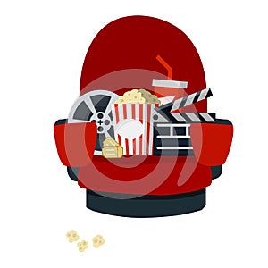 Cinema chair. Red armchair and seat. Set of movie elements