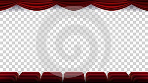 Cinema Chairs Vector. Film, Movie, Theater, Auditorium With Red Seat, Row Of Chairs. Blank Screen. On