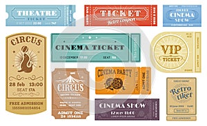 Cinema, circus funfair, theater show retro tickets