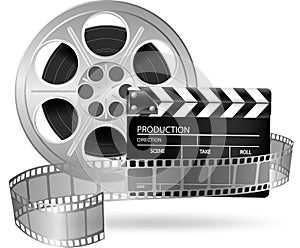 Cinema clap and film reel on white