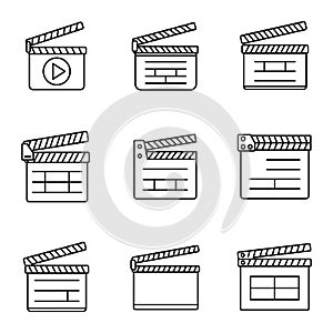 Cinema clapper icons set, outline style