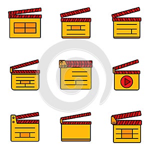 Cinema clapper icons set vector color line