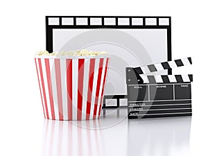 Cinema clapper, popcorn and film reel. 3d illustration