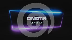 Cinema classics inscription. Graphic presentation with a lighting neon frame of pink and blue colors on black background