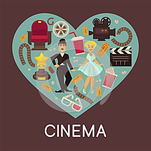 Cinema commercial banner with cinematographic symbols inside heart
