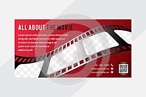 Cinema concept horizontal banner design template with wave roll film strip