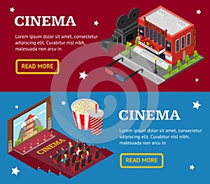 Cinema Concept Movie Banner Horizontal Set Isometric View. Vector