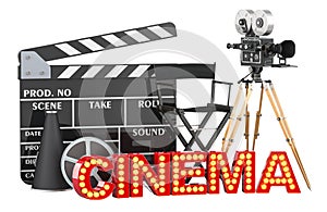 Cinema concept. Movie camera, film reels, chair, megaphone and clapperboard with cinema signboard from golden light bulb letters.