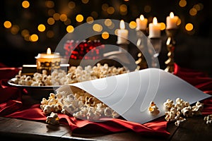 Cinema concept with popcorn, candles and letter on wooden table, with copy space