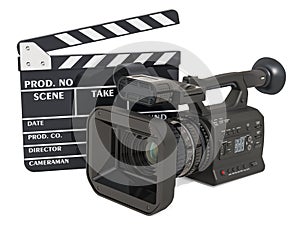 Cinema concept. Professional video camera with clapperboard, 3D rendering