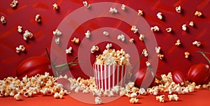 cinema corn blue salty film red background popcorn food box bucket. Generative AI.