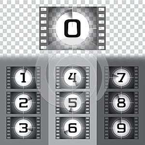 Cinema countdown numbers vector set. Retro timer frames to the start of old film. Vintage cinema film screen with circle sections