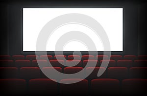 Cinema dark hall  auditorium with red seats  white empty screen realistic mock up  template