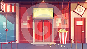 The cinema door entrance in a hall in an interior cartoon modern illustration. Cinema, theater, popcorn, and tickets