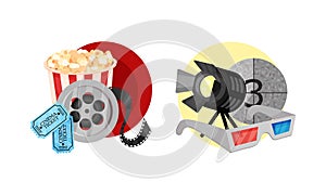 Cinema Elements with Popcorn Basket and 3D Glasses Vector Composition Set