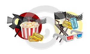 Cinema Elements with Popcorn Basket and 3D Glasses Vector Composition Set