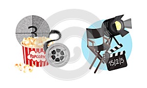 Cinema Elements with Popcorn Basket and Director Chair Vector Composition Set