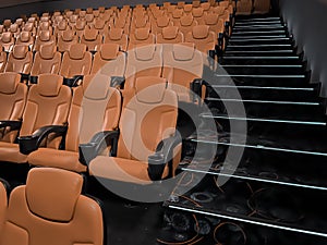 Cinema and entertainment, empty brown movie theatre seats for tv show streaming service and film industry production