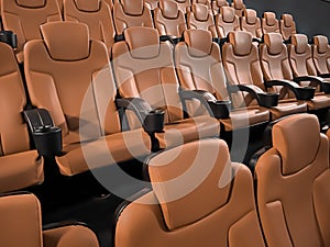 Cinema and entertainment, empty brown movie theatre seats for tv show streaming service and film industry production