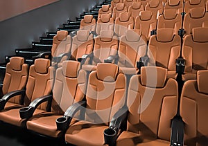 Cinema and entertainment, empty brown movie theatre seats for tv show streaming service and film industry production