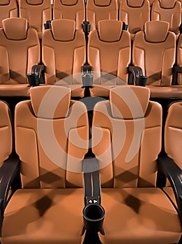 Cinema and entertainment, empty brown movie theatre seats for tv show streaming service and film industry production
