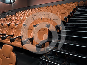 Cinema and entertainment, empty brown movie theatre seats for tv show streaming service and film industry production