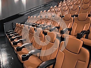 Cinema and entertainment, empty brown movie theatre seats for tv show streaming service and film industry production