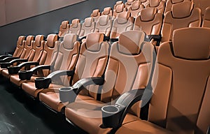 Cinema and entertainment, empty brown movie theatre seats for tv show streaming service and film industry production