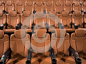 Cinema and entertainment, empty brown movie theatre seats for tv show streaming service and film industry production