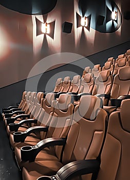 Cinema and entertainment, empty brown movie theatre seats for tv show streaming service and film industry production