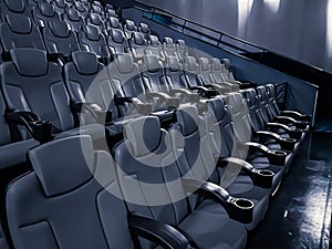 Cinema and entertainment, empty dark movie theatre seats for tv show streaming service and film industry production