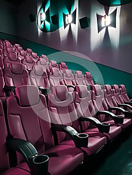 Cinema and entertainment, empty pink movie theatre seats for tv show streaming service and film industry production