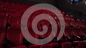 Cinema and entertainment, empty red movie theatre seats for tv show streaming service and film industry production