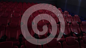 Cinema and entertainment, empty red movie theatre seats for tv show streaming service and film industry production