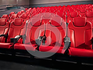 Cinema and entertainment, empty red movie theatre seats for tv show streaming service and film industry production
