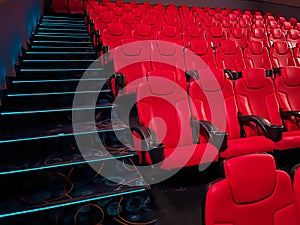 Cinema and entertainment, empty red movie theatre seats for tv show streaming service and film industry production