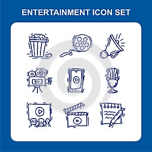 Cinema and entertainment icon set with hand drawn doodle style.