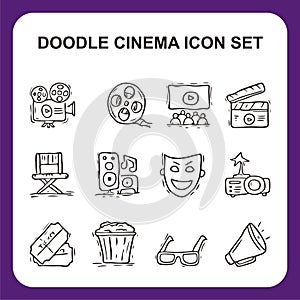 Cinema and entertainment icon set with hand drawn doodle style