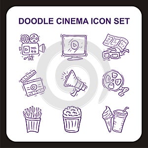 Cinema and entertainment icon set with hand drawn doodle style