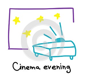 Cinema evening. Movie projector. Watching films. Hand drawn sketch. Vector cartoon colored illustration.