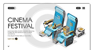 Cinema festival banner, movie chairs with popcorn