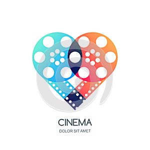 Cinema festival logo, icon, emblem design. Overlapping film reel and filmstrip in heart shape. Video like symbol