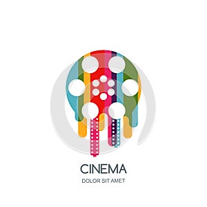 Cinema festival logo, icon, emblem design template. Colorful liquid film reel and filmstrip. Movie time concept