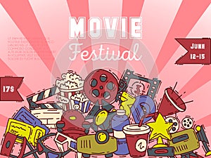 Cinema festival poster flyer media production background vector. Sale ticket banner. Movie time and entertainment